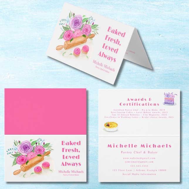 Watercolor Rolling Pin Roses Pastry Chef Baker Business Card (Creator Uploaded)
