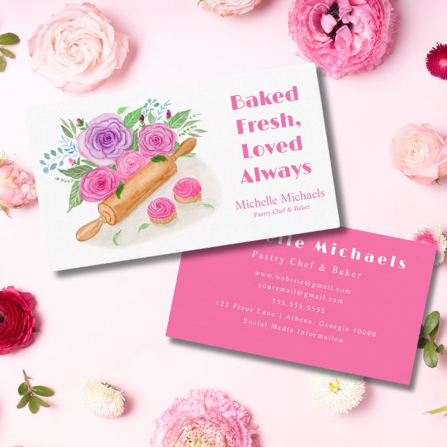 Watercolor Rolling Pin Roses Pastry Chef Baker Business Card (Creator Uploaded)