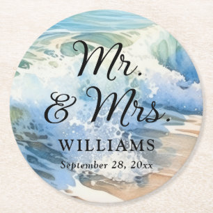 Watercolor Rolling Sea Waves Mr and Mrs Wedding Round Paper Coaster