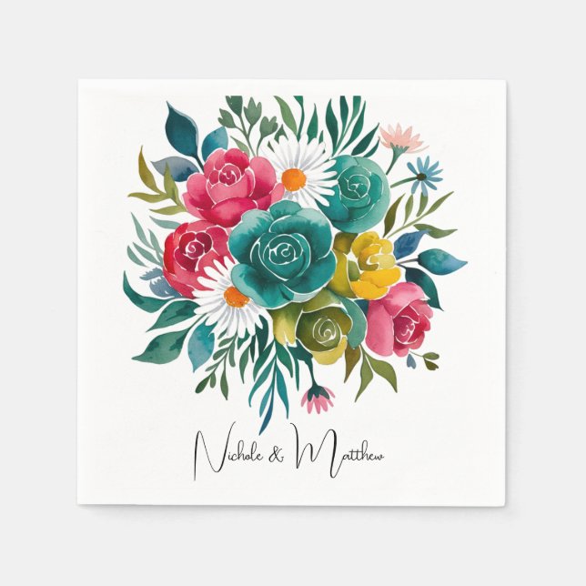 Watercolor Romance: A Colourful Blooms Wedding Napkin (Front)
