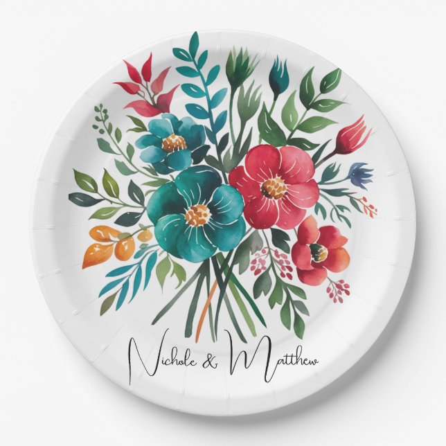 Watercolor Romance: A Colourful Blooms Wedding Paper Plate (Front)