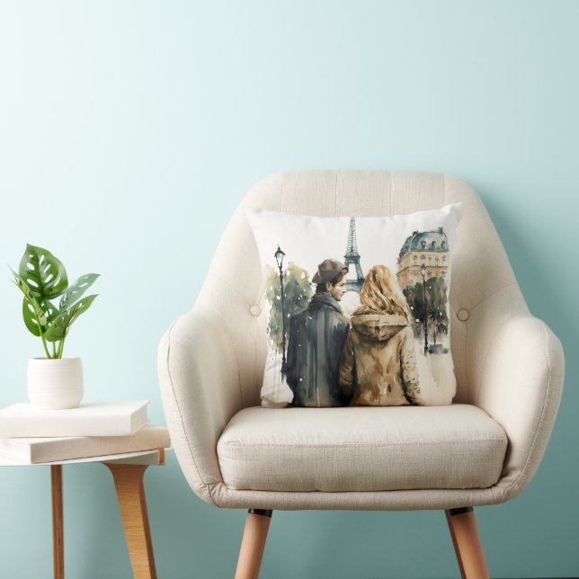 Watercolor Romance in Paris Couples Throw Pillow (Chair)