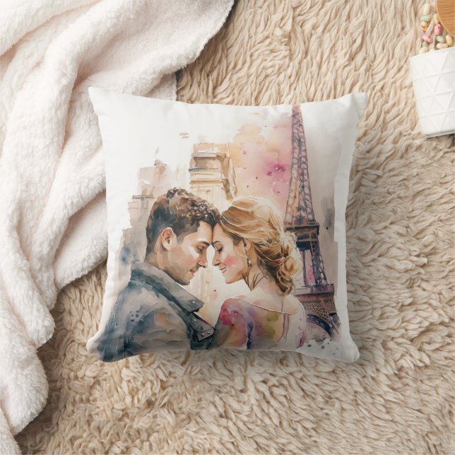 Watercolor Romance in Paris Couples Throw Pillow (Blanket)