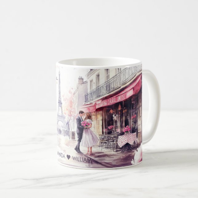 Watercolor Romancing in Paris Couple Name Coffee Mug (Front Right)