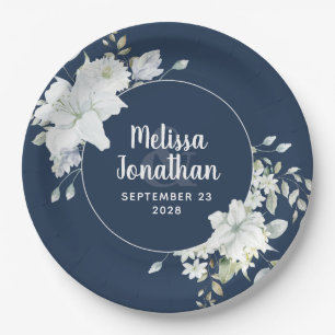 Watercolor romantic floral white flowers wedding paper plate