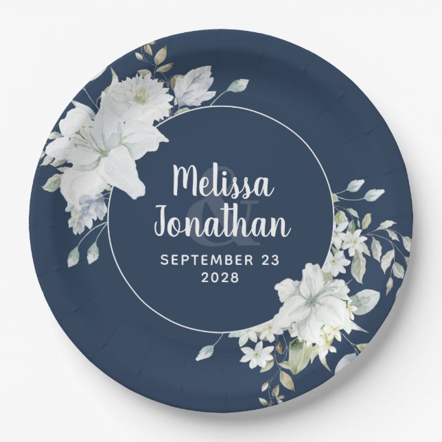Watercolor romantic floral white flowers wedding paper plate (Front)