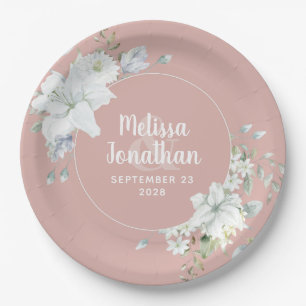 Watercolor romantic floral white flowers wedding paper plate