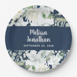 Watercolor romantic floral white flowers wedding paper plate