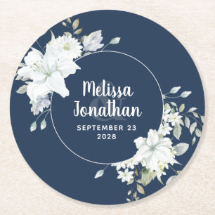 Watercolor romantic floral white flowers wedding round paper coaster