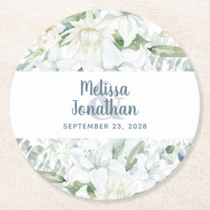 Watercolor romantic floral white flowers wedding round paper coaster