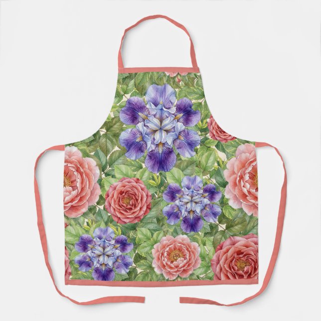 Watercolor Romantic Garden Rose Iris Peony Apron (Front)