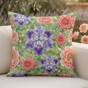 Watercolor Romantic Garden Rose Iris Peony Cushion