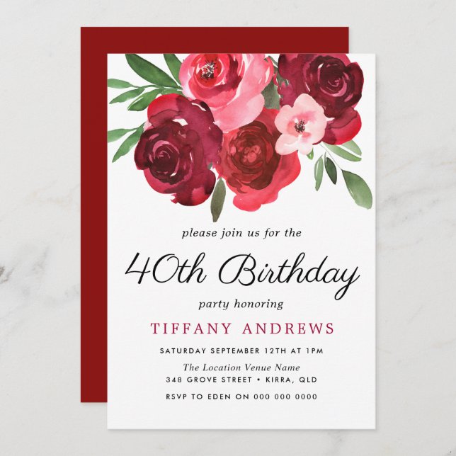 Watercolor Romantic Red Roses 40th Birthday Party Invitation (Front/Back)