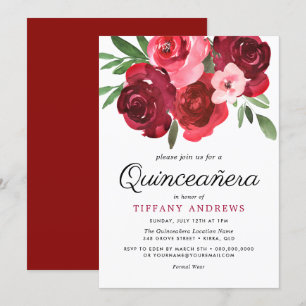 Watercolor Romantic Red Roses Quinceanera Invite