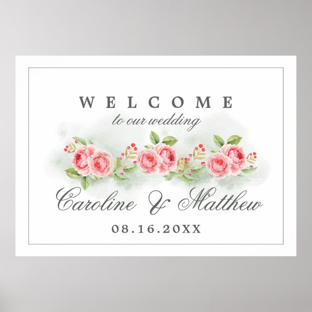 Watercolor Romantic Roses Wedding Welcome Sign (Front)