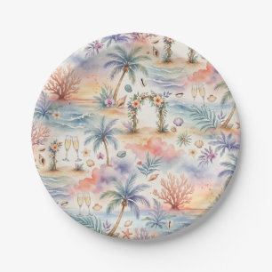 Watercolor Romantic Tropical Wedding Sunset Beach Paper Plate