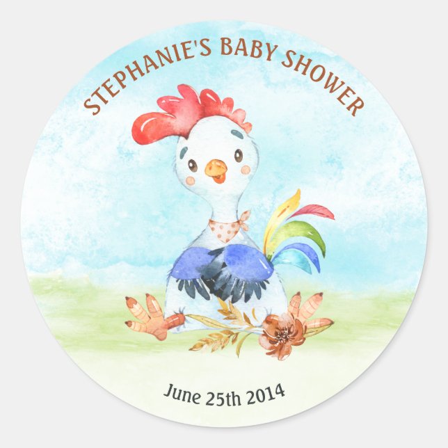 Watercolor Rooster Baby Shower Farm Classic Round Sticker (Front)