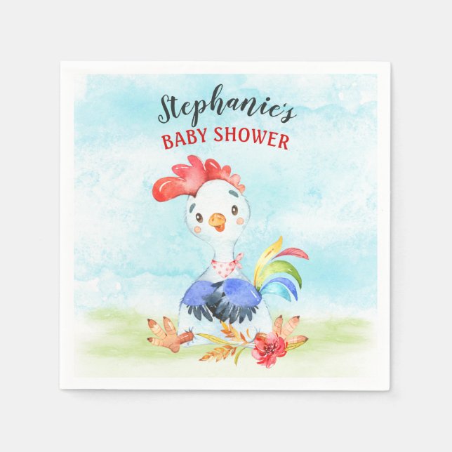 Watercolor Rooster Baby Shower Farm Napkin (Front)