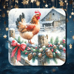 Watercolor Rooster on a Fence Post Christmas Square Sticker<br><div class="desc">Ai watercolor illustration of a scene on a rustic farm with a cute rooster standing on a fence post on a snowy winter day Christmas stickers.</div>