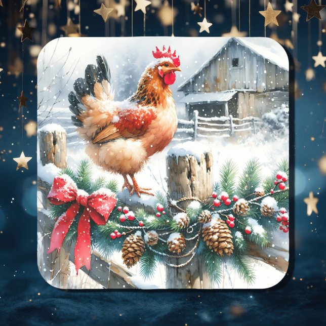 Watercolor Rooster on a Fence Post Christmas Square Sticker (Creator Uploaded)