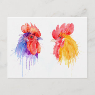 watercolor Rooster Portrait two roosters Postcard