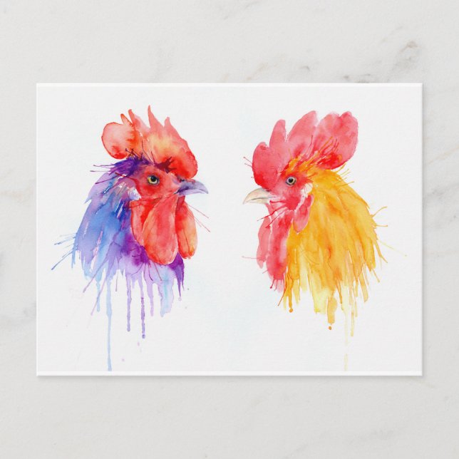 watercolor Rooster Portrait two roosters Postcard (Front)