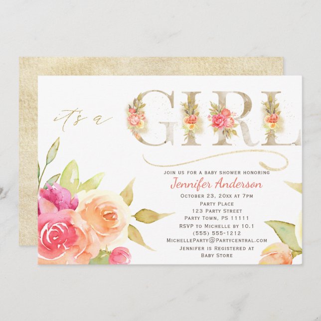 Watercolor Rose and Gold Baby Girl Shower Invitation (Front/Back)