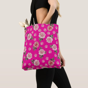 Watercolor Rose and Paw Print Tote Bag