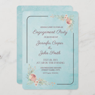 Watercolor Rose Blue Pink Floral Engagement Invitation