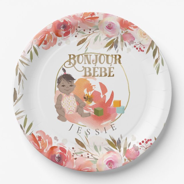 Watercolor Rose Bonjour Girl Baby Paper Plate (Front)