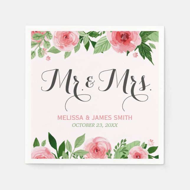Watercolor Rose Botanical Flowers Wedding Monogram Napkin (Front)