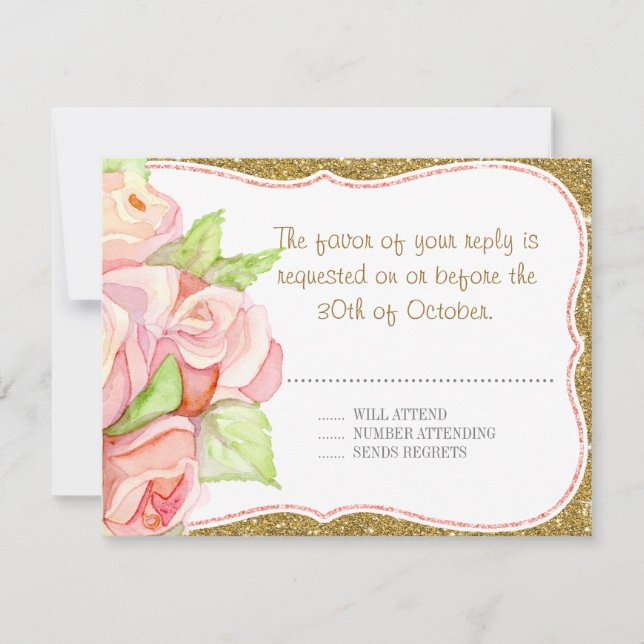 Watercolor Rose Bouquet Gold Blush Pink RSVP Card (Front)