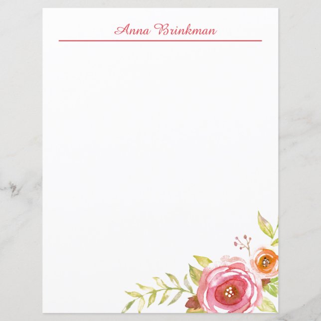 Watercolor Rose Bouquet Personal Stationery (Front)
