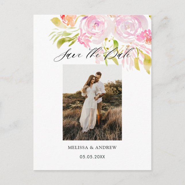 Watercolor Rose Bouquet Save The Date Announcement Postcard (Front)