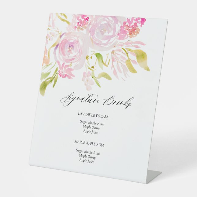 Watercolor rose bouquet Signature Drinks Pedestal Sign (Front)