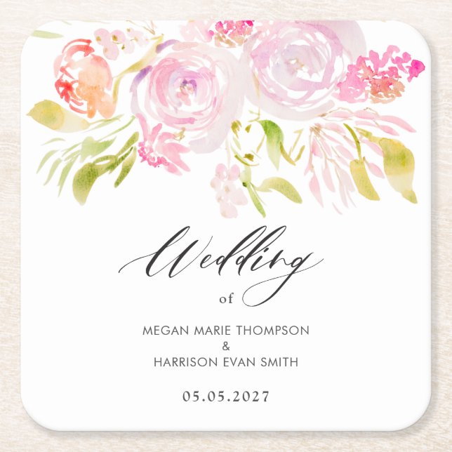 Watercolor rose bouquet  square paper coaster (Front)