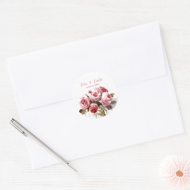 Watercolor Rose Bouquet Wedding Classic Round Sticker (Envelope)