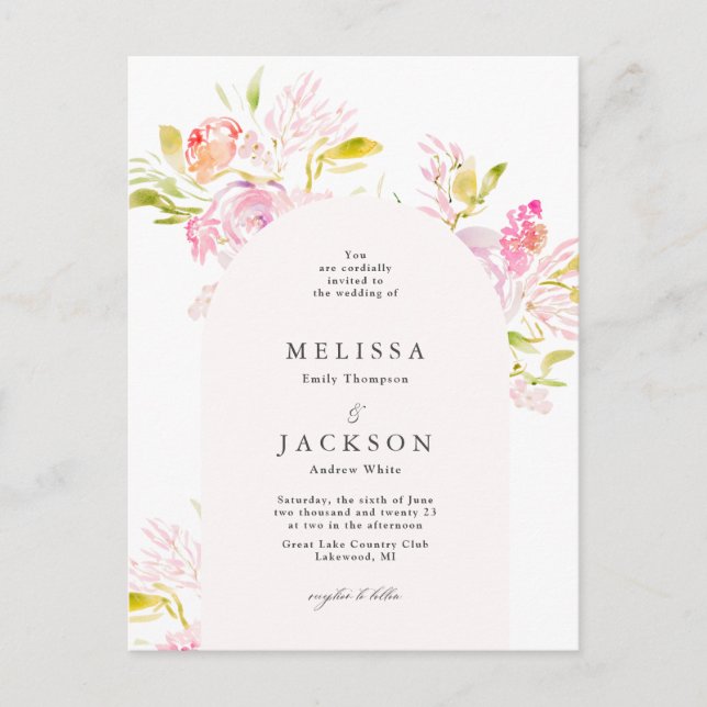 Watercolor Rose bouquet Wedding Invitation Arch Postcard (Front)