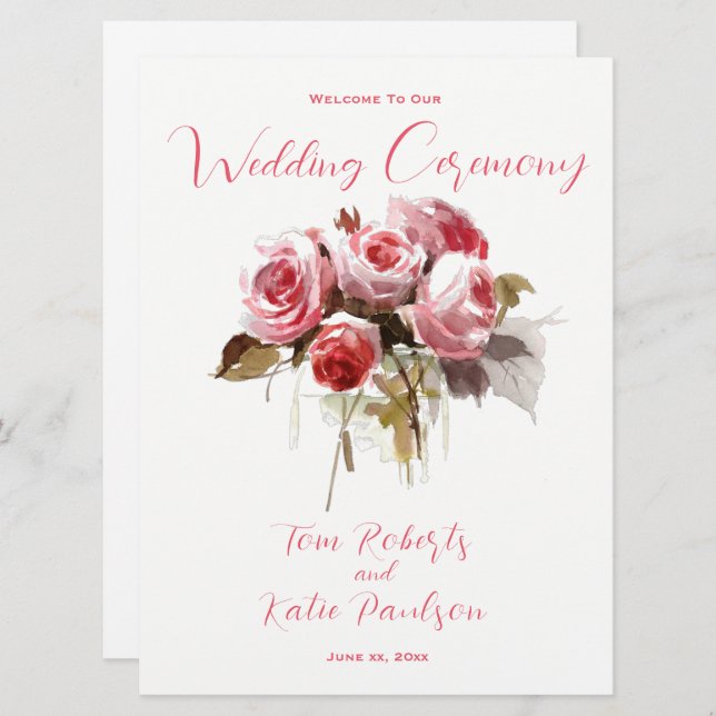 Watercolor Rose Bouquet Wedding  Programme (Front/Back)