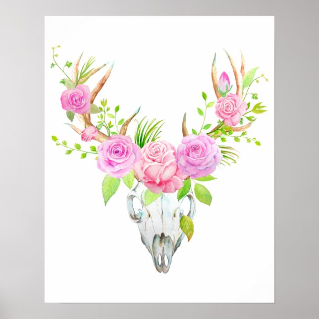 Watercolor Rose Deer Skull Art Print (Front)