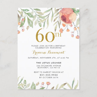 Watercolor Rose & Elegant Script 60th Birthday Invitation Postcard