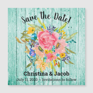 Watercolor Rose Floral Bouquet Aqua Save the Date