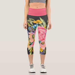 Watercolor Rose Floral Bouquet Capri Leggings