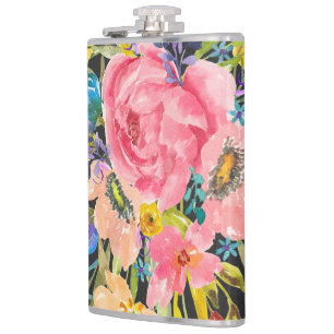 Watercolor Rose Floral Bouquet Hip Flask