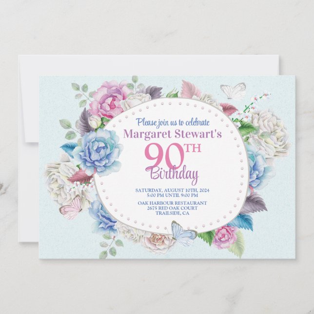 Watercolor Rose Floral Frame 90th Birthday Invitation (Front)