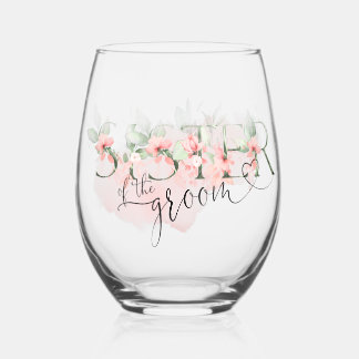 Watercolor rose floral sister of the groom gift stemless wine glass