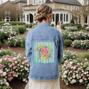 Watercolor Rose Floral Spray on Chippy Aqua Denim Jacket