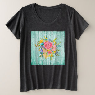 Watercolor Rose Floral Spray on Chippy Aqua Plus Size T-Shirt