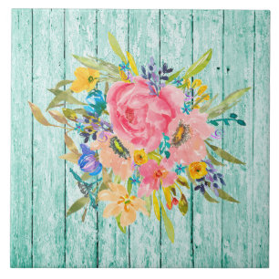 Watercolor Rose Floral Spray on Chippy Aqua Tile
