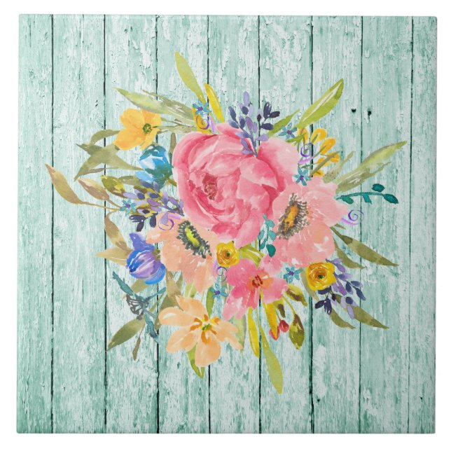 Watercolor Rose Floral Spray on Chippy Aqua Tile (Front)